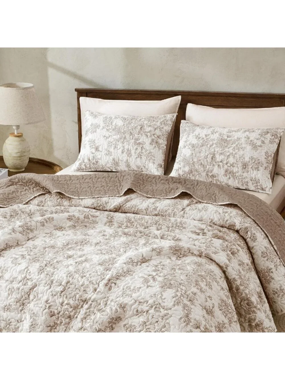 Taupe Floral King Quilt Set - 3-Piece Lightweight Cotton Bedding, Vintage